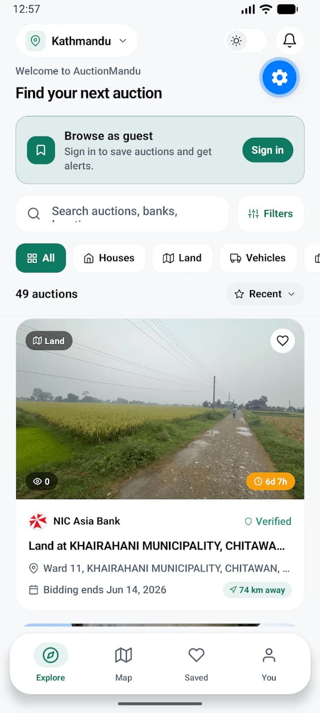 Auctionmandu mobile app showing auction listings